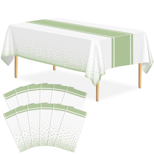 Image of 12 Pack White and Sage Green Tablecloth Party Decorations Plastic White Tablecloth Printed Sage Green Table Runner 54 x108 Inch Disposable Rectangle Table Cover for Birthday Graduation