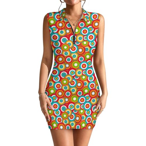 Prokelin Women's Tennis Golf Dress Color Circles Sleeveless Polo Dress Quick Dry Casual Zipper Sport Activewear M