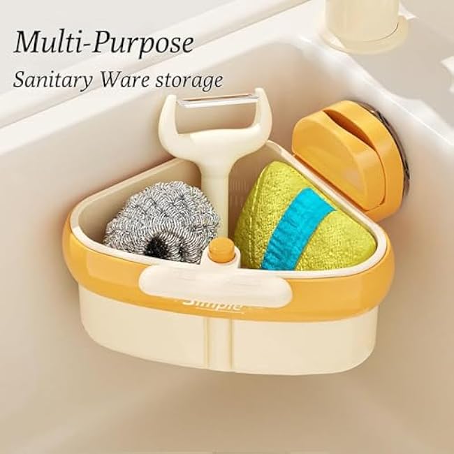 Wideous Curetoaway Suction Cup Sink Corner Rack ¨C Triangular Basket Shelf with Drain Hole, Removable Plastic Sink Storage Holder for Kitchen or Bathroom (Beige*2)