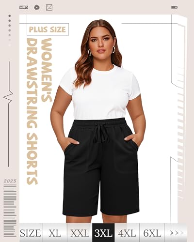 Riyiper 3 Pack Women's Plus Size Bermuda Shorts, Drawstring Elastic High Waist Loose Fit Casual Athletic Bottoms with Pockets2