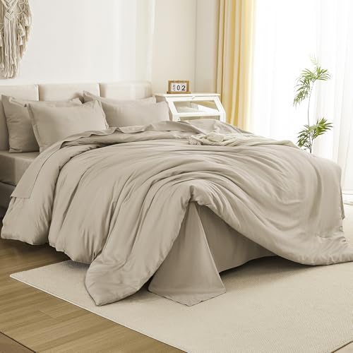 Litanika Super King Comforter Set Oatmeal - 7 Pieces Bed in a Bag Oversized King Bedding Comforter Sets, Solid Lightweight Bed Set with Comforter, Sheets, Pillowcases & Shams