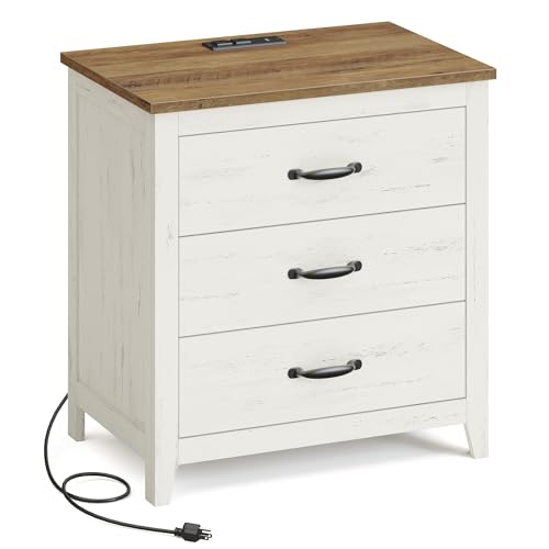 VASAGLE LIRY Collection - Farmhouse Nightstand with Charging Station, Bedside Table, Side End Table with 3 Drawers, for Bedroom, Rustic White and Honey Brown ULET679W01 23.6"W x 24.8"H With 
