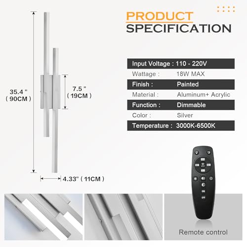 Image of Benkut Modern LED Wall Sconce Silver Remote Wall Light Fixtures for Bathroom, Dimmable Vanity Light Indoor LED Remote Wall Sconce for Living Dining Room Bedside Bedroom(3000-6500K 35.4inch)