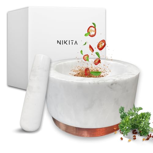 NIKITA White Marble Pestle and Mortar Set - Large Mortar and Pestle Set for Herb and Spice Crusher Kitchen Set - Heavy and Durable Stone Pestle and Mortar - Rose Gold