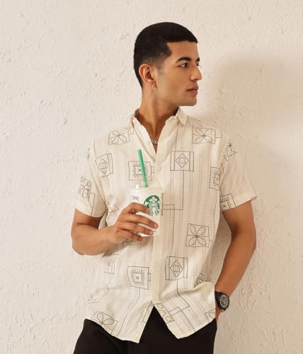 Image of Majestic Man Men's Slim Fit Pure Cotton Printed Casual Shirt - Short Sleeve | Premium Breathable Fabric | Modern Geometric Design