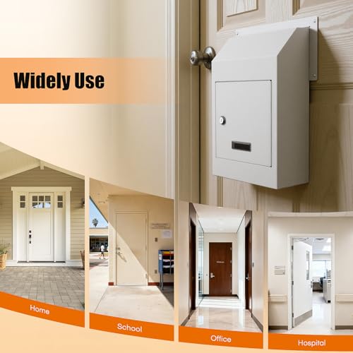 Image of Door Drop Box for Mail, Rent, Deposit, and Night Key - Through The Door Locking Steel Mailbox with Rear Access | 9.75 inch L x 4.25 inch W x 14.75 inch H (White)