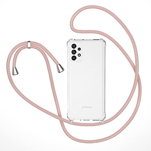 XTCASE Coque pour Samsung Galaxy A23 5G / M23 / M13 avec Cordon, Etui avec Collier - Tour de Cou Lanière en Corde - Transparente Silicone Housse avec Cordage Lanyard Case, Or Rose Cover