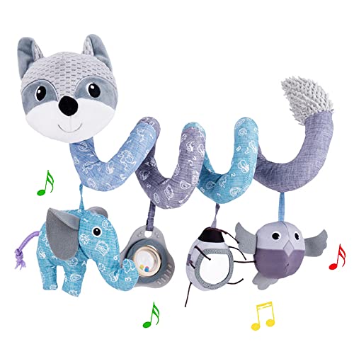 Image of ORZIZRO Car Seat Toys, Baby Plush Spiral Hanging Toys for Stroller Crib Bar Bassinet Car Seat Mobile with Musical Owl BB Squeaker Elephant- Gray Fox