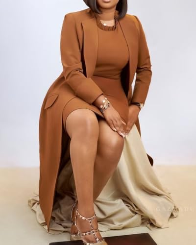 LROSEY Women Suits 2 Piece Set Long Lapel Blazer Jackets Formal Sleeveless Midi Dress Casual Business Outfits for Work Office2