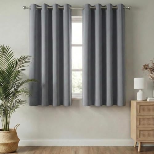 Image of 100% Blackout Window Curtains, 5 Feet, Solid Design, Faux Silk, Thermal Insulated, Noise Reducing Eyelet Door Curtain with Tie Back for Living Room & Bedroom, 115x150cm, Pack of 2 - Grey