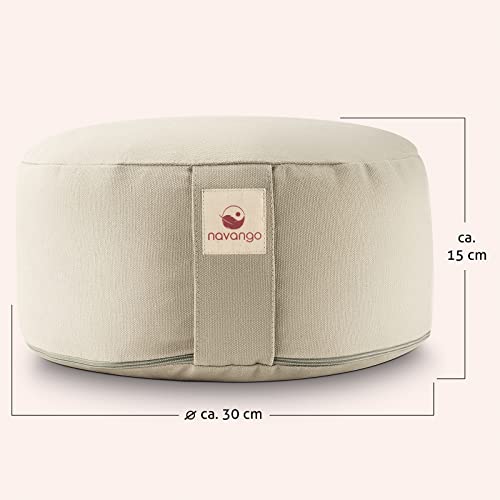 Foto von navango® Meditationskissen - Natur I Rundes Yogakissen handgefertigt in Deutschland I Sitzhöhe 15cm I Verdeckter Reißverschluss I 100% Dinkelspelz Füllung I Waschbarer Bezug 100% Baumwolle