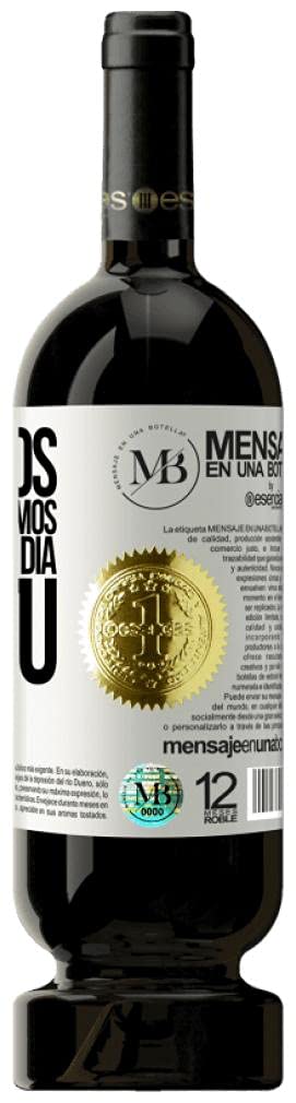 "Se siamo ciò che pensiamo, oggi sono stato tu" Messaggio su una bottiglia di vino Tinto Premium Reserva MBS Martín Berasategui System. Etichetta bianca personalizzabile.