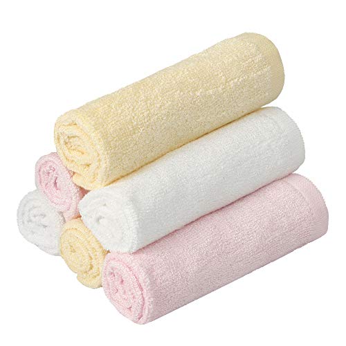 Image of TILLYOU 6-Pack Baby Bath Towels and Washcloths for Boys Girls, 2-Layer Natural Bamboo Cotton Wash Cloth for Infant, Newborn, Toddler, Kid, Ultra Soft and Absorbent for Face, Body, White/Pink/Yellow