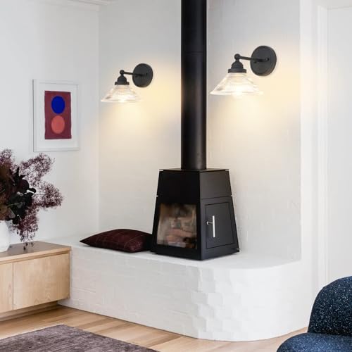 Image of Vintage Wall Sconce 1-Light with Clear Ribbed Glass Shade, Industrial Hardwired Wall Light Fixture for Bedside Living Room Vanity Bathroom Hallway