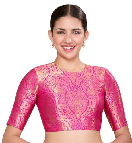 Image of Studio Shringaar Women Brocade Silky Jewel Neck Readymade Elbow Length Sleeve Saree Blouse