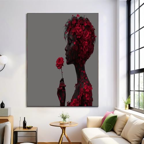 Impression sur toile décoration murale moderne salon avec pétales rose rouge et silhouette