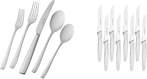 HENCKELS Lani - Juego de cubiertos de 65 piezas acabado plateado y cuchillo para carne juego de 8 cuchillos de acero inoxidable color plateado