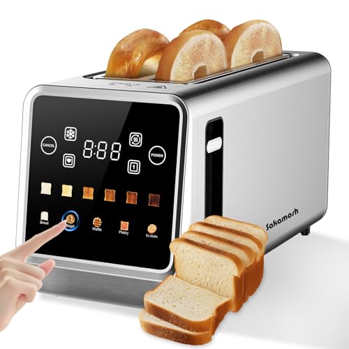 SAKAMOSH Smart Toaster 4 Slice, Touch Screen, Digital Toasters with 6 Browning Levels & 5 Bread Types, Bagel, Extra Long Wide Slots, Memory Function, Timer, 1400W, Stainless Steel
