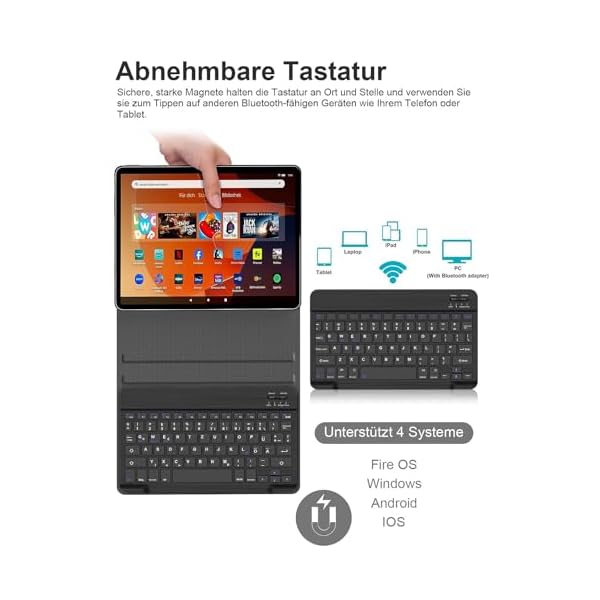 FOGARI Fire HD 10 Tablet 2023 Tastatur Hülle 13.Generation - HD10/HD 10 Plus 11. Generation 2021 Tastatur, Magnetisch Abnehmbarer Tastatur mit QWERTZ Layout, Schwarz – Bild 4