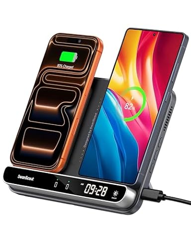 Dual Wireless Charger for 2 Phones, Double Phone Charger Stand for iPhone Air/17/16/15/14/13, Charging Station Pad for Samsung Galaxy S25/S24/S23/S22, Pixel & Earbuds SwanScout 504 (Black & Tech Grey)