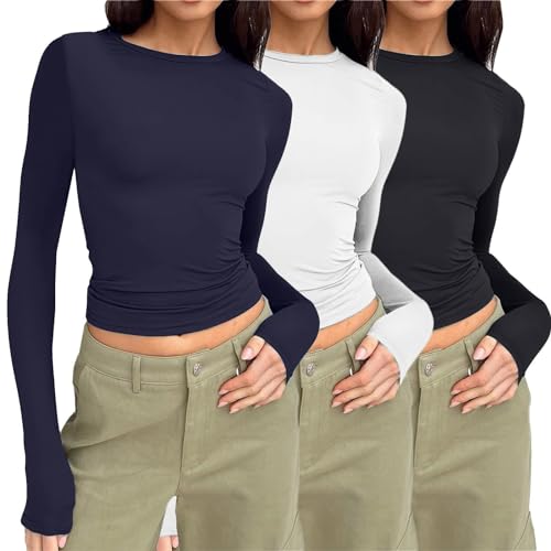 3 camisetas de manga larga para mujer, color liso, informal, cuello redondo, irregular, de elastano, azul marino, M