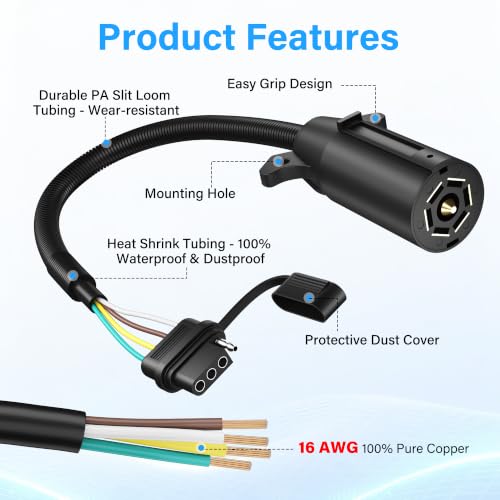 Adaptador de enchufe plano de 7 vías para remolque de 4 pines macho hembra con cable plano 2