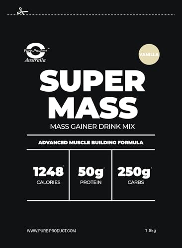 Pure Product Australia - Super Mass Gainer Powder - 50g Protein per Serving, 250g Carbs, Supports Muscle Gain & Recovery, High-Calorie Formula for Energy Boost - 1.5Kg Vanilla