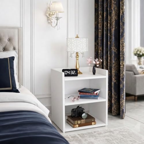 Image of SPYDER CRAFT 2 Tier Engineered Wood Bedside Table for Bedroom|Wooden Modern Side Tables for Bedroom|Side Table for Bed Room|Corner Table for Bed Room Finish Color -White, DIY(Do-It-Yourself)