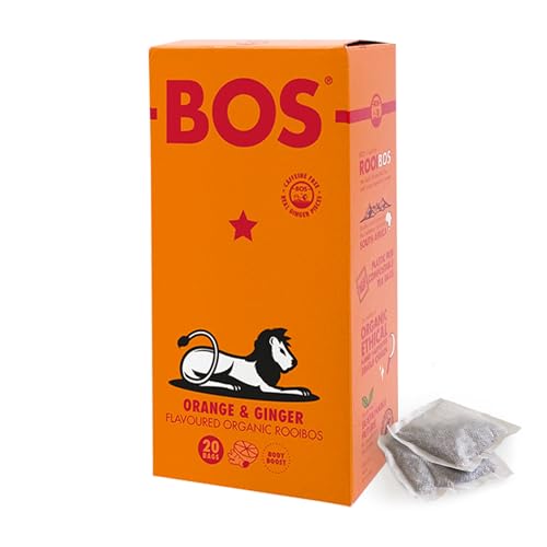 BOS Organic Orange Flavoured With Ginger Pieces Caffeine Free Rooibos Tea Bags Carton, Spicy & Citrusy Blend, 50 g, 20 Teabags (Pack of 1)