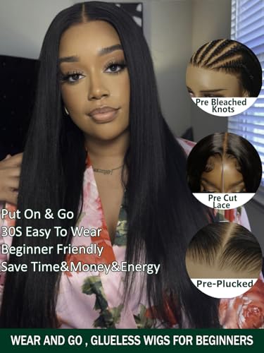 Image of KLAIYI Precut 13x4 Glueless Lace Front Wig Yaki Straight Bye Bye Knots Human Hair Wear and Go Wigs for Women Pre Bleached Pre Plucked Pre Everything 3S Ready to Wear Beginner Wig with Baby Hair 22Inch