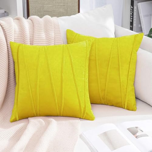 Image of Khooti Velvet Striped Cushion Cover Pack of 1-34 inchX34 inch /86X86 Cm | Lemon Yellow | Soft Pillow Covers Cushion Case for Sofa Bedroom Living Room Chair Car, Cushion Cover with Zig Zag Pattern