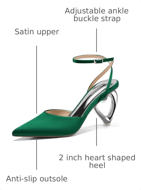 Image of Coutgo Womens Kitten Heels Closed Pointed Toe Heart Heel Ankle Strap Satin Pumps Wedding Prom Dress Valentine Shoes
