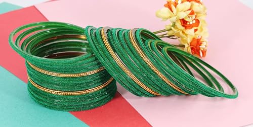 Image of NMII Glass Bangles For Women and Girls with Velvet and Golden Ballchain Linked | Plain Glass Bangles | Velvet Chudi Set | Bangles For Women | Stylish Glass Chudi Bangles- Set of 28
