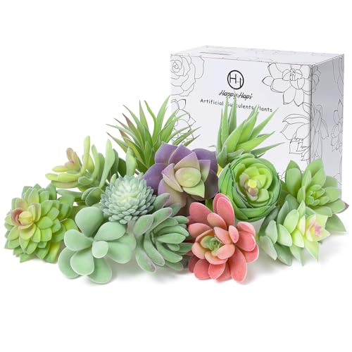 Happyhapi 12 Pcs Artificial Succulents Mini Fake Plants Unpotted Faux Succulent For Craft, Small Plastic Succulents Assortment In Flocked Green Floral Decor For Party, Cake, Garden &Amp; Outdoor