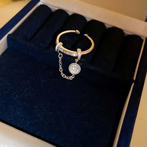 CZ Round Chain Promise Statement Ring for Women Silver Gold Plated Dainty Crystal Disc Tassel Dangle Drop Open Wrap Finger Rings Adjustable Comfort Fit Fashion Wedding Birthday Holiday Jewelry4
