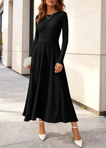 KIRUNDO Women Sweater Dress Holiday Ribbed Knit Long Sleeve Slimming Maxi Dress Fall Pleated Elegant A Line Winter Dresses(Black, Small) — view 2