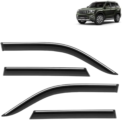 KINGSWAY Accessories Chrome Lining Door Visor Only Compatible with Mahindra Scorpio N (Year 2022 Onwards) All Model, Premium Chromeline Unbreakable Car Rain Guard Side Rear Wind Deflectors, Pack of 4