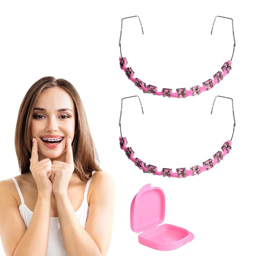 Dental Fake Braces for Teeth with Storage Case Orthodontic Temporary Tooth Wire Braces with Metal Brackets and Arch Wire Demonstration Training Model for Teaching Practice Educational Use (Pink)