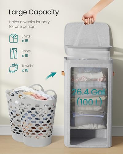 Image of SONGMICS Laundry Basket, 26.4 Gal. Laundry Hamper, Easy Assembly, with Lid and Handles, Removable Liner, 16.5 x 12.6 x 29.5 Inches, Dove Gray ULCB811GD01