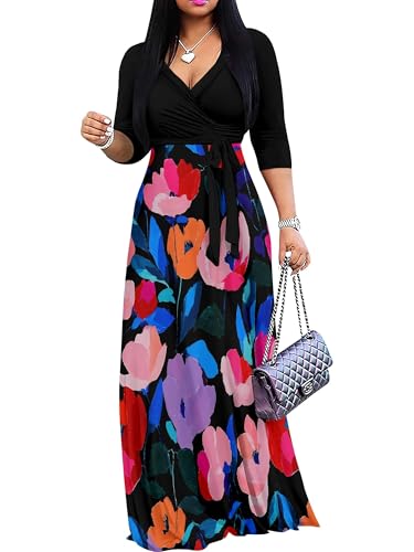 Image of PinkPatty Plus Size Dresses for Curvy Women V Neck Flowy Long Sleeves Wrap Maxi Dress Travel Vacation Outfits