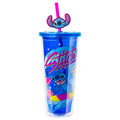 Silver Buffalo Disney Lilo and Stitch Cosmic Surfer Plastic Cold Cup with Lid and Straw Topper, 24 Ounces
