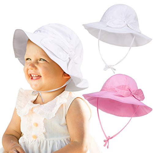 2 Pieces Baby Girl Sun Hat Infant UV Protection Summer Hats with Bows Wide Brim Bucket Hats Adjustable Sunscreen Beach Caps Bowknot Fisherman Caps (Baby of 1-2 Years, White and Pink)