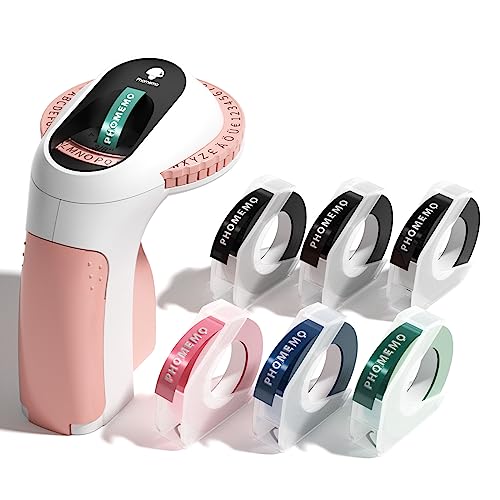 Phomemo Embossing Label Maker Machine E975,3D Handheld Embossed Label Maker,Pink Vintage Label Machine-Easy to Use for Organization,Gift (Pink Embosser with 6 Rolls Label Refill)