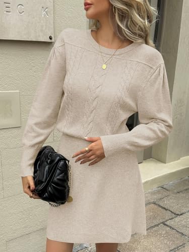 Saodimallsu Womens Fit and Flare Mini Sweater Dress Puff Long Sleeve Cable Knit Crewneck Dressy A Line Short Dresses2