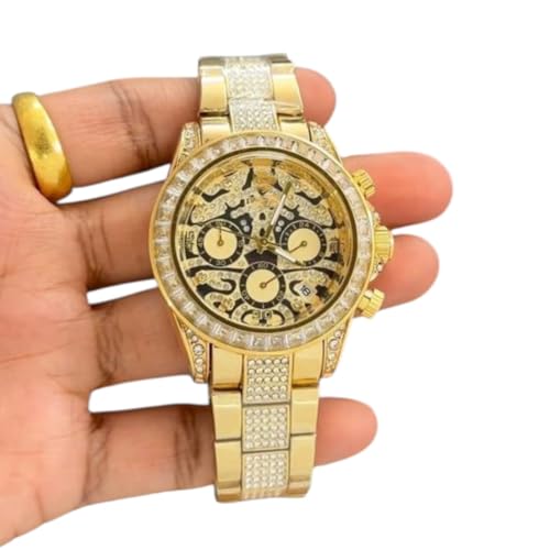 Image of Luxury Full Gold Skeleton Dial Watch for Men | Iced Metal Strap | Diamond Bezel | Analog Chronograph Look | Royal Fashion Wristwatch