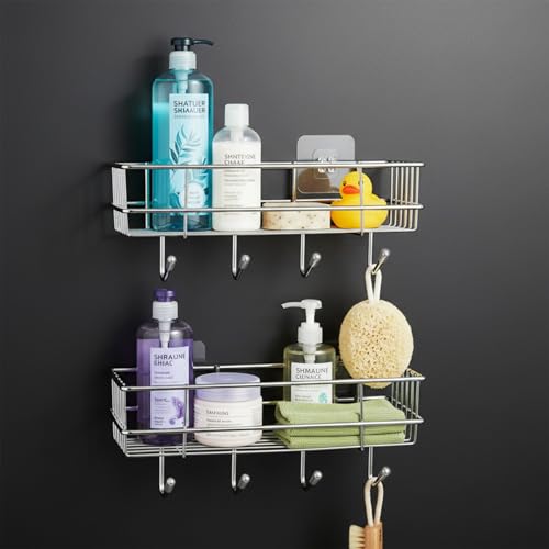 Image of Amazon Basics Self-Adhesive Wall Shelf - No-Drill Multipurpose Bathroom /Kitchen Organizer with Hooks and Towel Holder, Rust Proof GI Steel Organizer | Chrome, 28.2 x 9.8 x 11.5 cm, Pack of 2