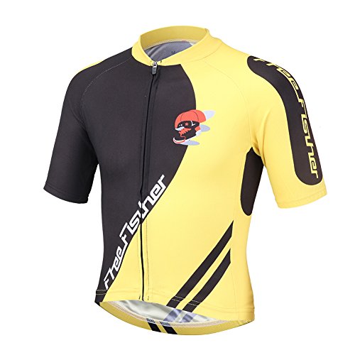 FREE FISHER Cycling Jersey Kids,Short Sleeve Cartoon Road Mountain Bike Jersey Set/Top/Short for Girls Boys Breathable,Jersey Set Yellow,6-7 Years