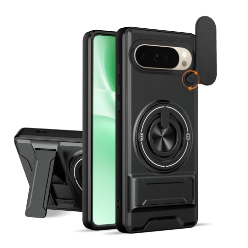 Image of V-TAN Heavy Duty Back Cover Compatible with Google Pixel 9 Pro XL 5G, TPU, Military Drop Protection with Sliding Camera Cover, Finger Rotating Ring Kickstand, Scratch Resistant Shockproof-Black