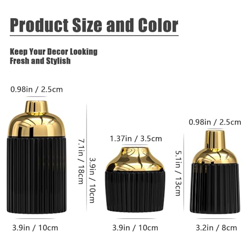Vases en céramique noire et dorée lot de 3 design côtelé pour herbe de pampa