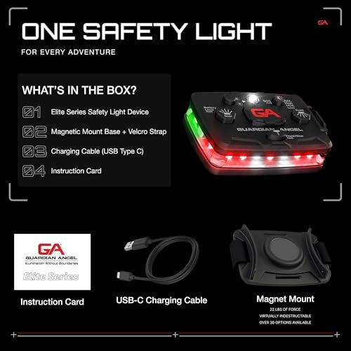 Image of Guardian Angel Elite Series Safety Light (Red Front & Green Rear) - Rechargeable, Magnetic, Hands-Free Wearable /Mountable LED Light for Fire, Roadside, Security, Wireless Boat Navigation